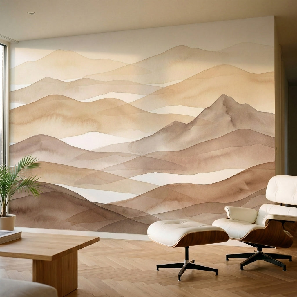 papier peint panoramique nature montagnes ondulantes brume matinale tons beige e-1