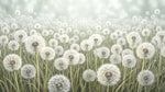 Papier peint panoramique nature - Pissenlits graines volantes prairie champ tons blanc et vert tendre sur mesure - Design