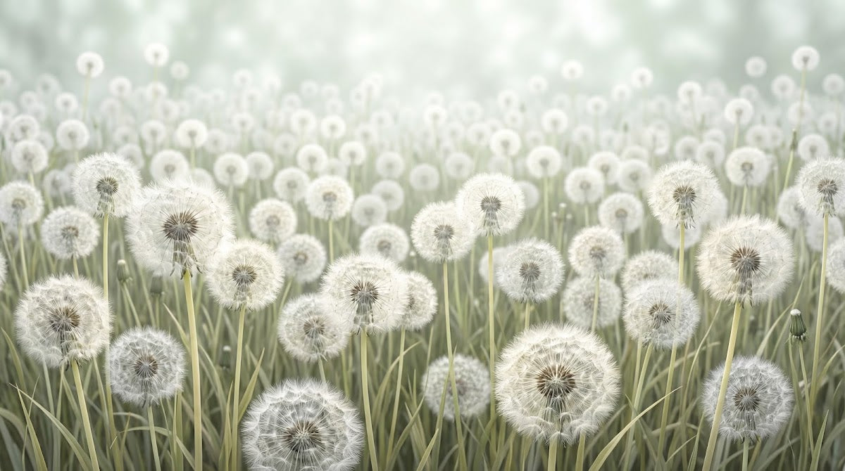 Papier peint panoramique nature - Pissenlits graines volantes prairie champ tons blanc et vert tendre sur mesure - Design