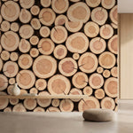 papier peint panoramique nature rondelles bois empilees troncs coupes tons beige-4