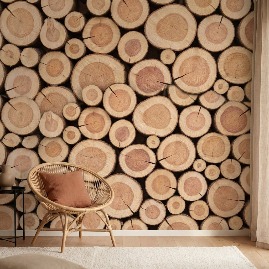 papier peint panoramique nature rondelles bois empilees troncs coupes tons beige-HERO-6