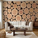 papier peint panoramique nature rondelles bois empilees troncs coupes tons beige-VARIANTE-6
