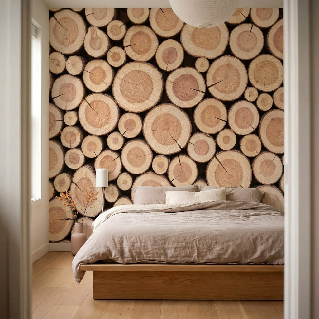 papier peint panoramique nature rondelles bois empilees troncs coupes tons beige-VARIANTE-7