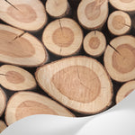 Papier peint panoramique nature - Rondelles bois empilées troncs coupés tons beige naturel et brun clair sur mesure - Matière