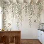 papier peint panoramique nature saules pleureurs branches tombantes oiseaux aqua-1