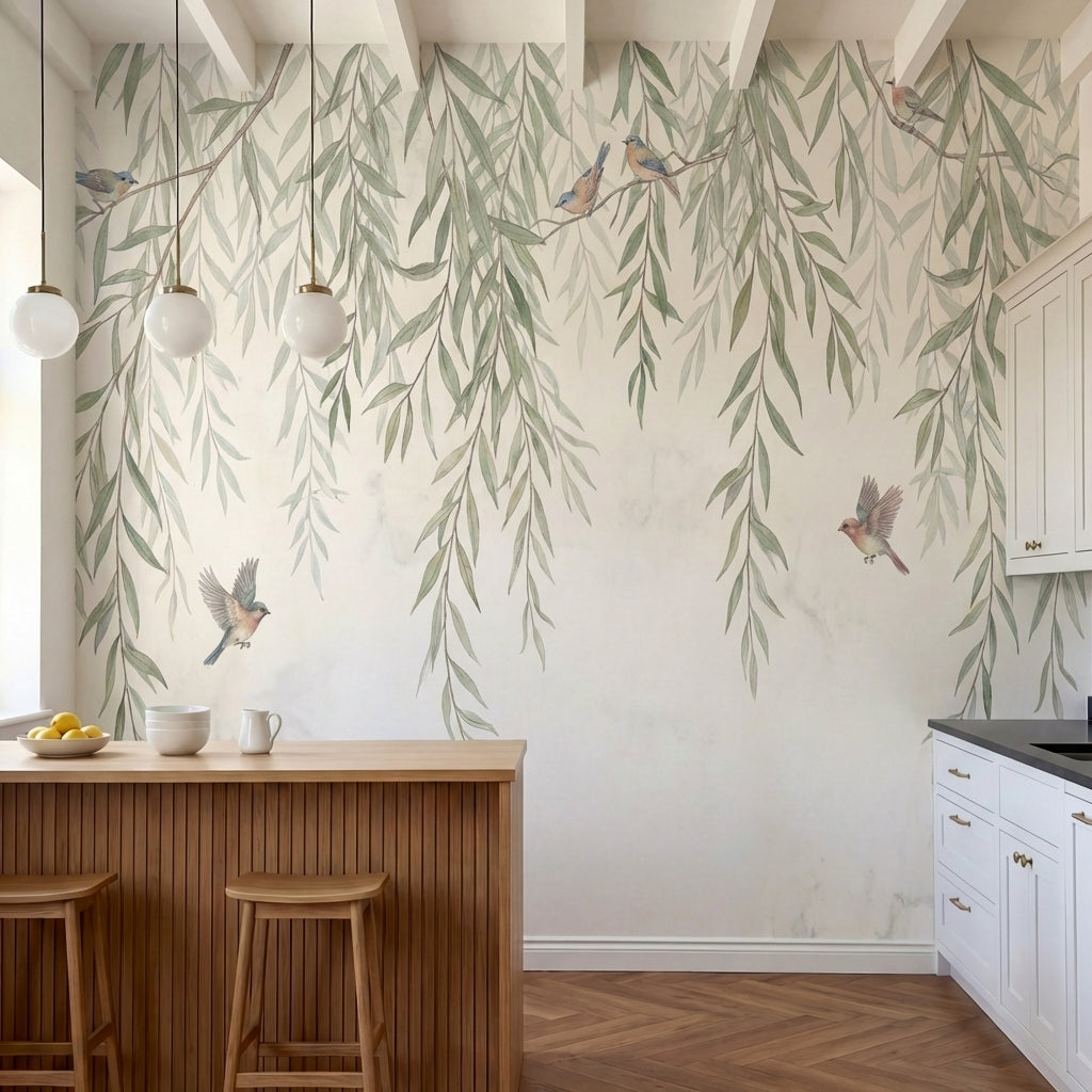 papier peint panoramique nature saules pleureurs branches tombantes oiseaux aqua-1