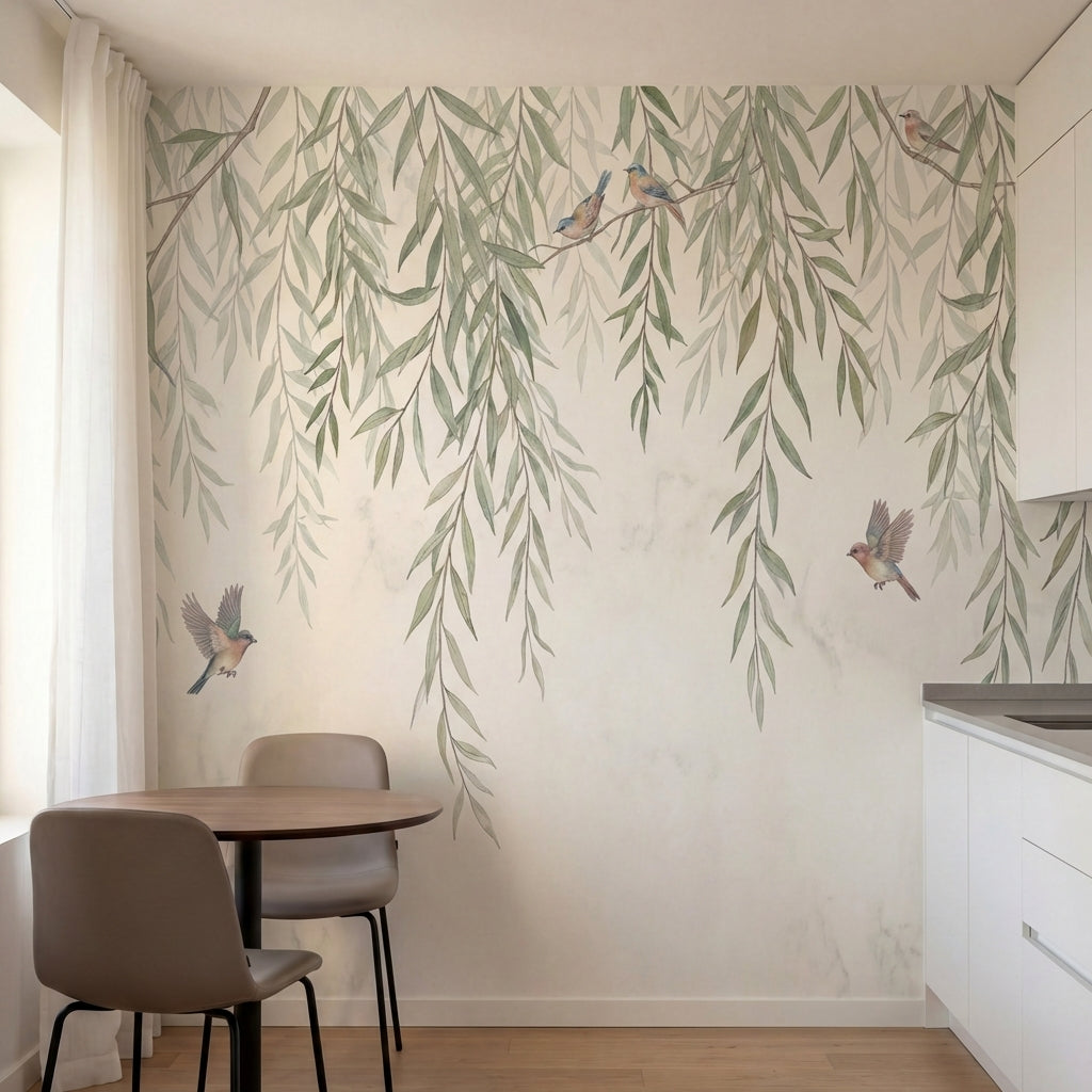 papier peint panoramique nature saules pleureurs branches tombantes oiseaux aqua-2