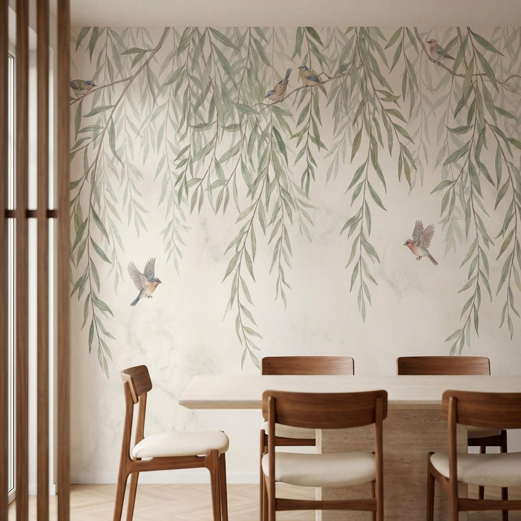 papier peint panoramique nature saules pleureurs branches tombantes oiseaux aqua-3