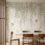 papier peint panoramique nature saules pleureurs branches tombantes oiseaux aqua-3