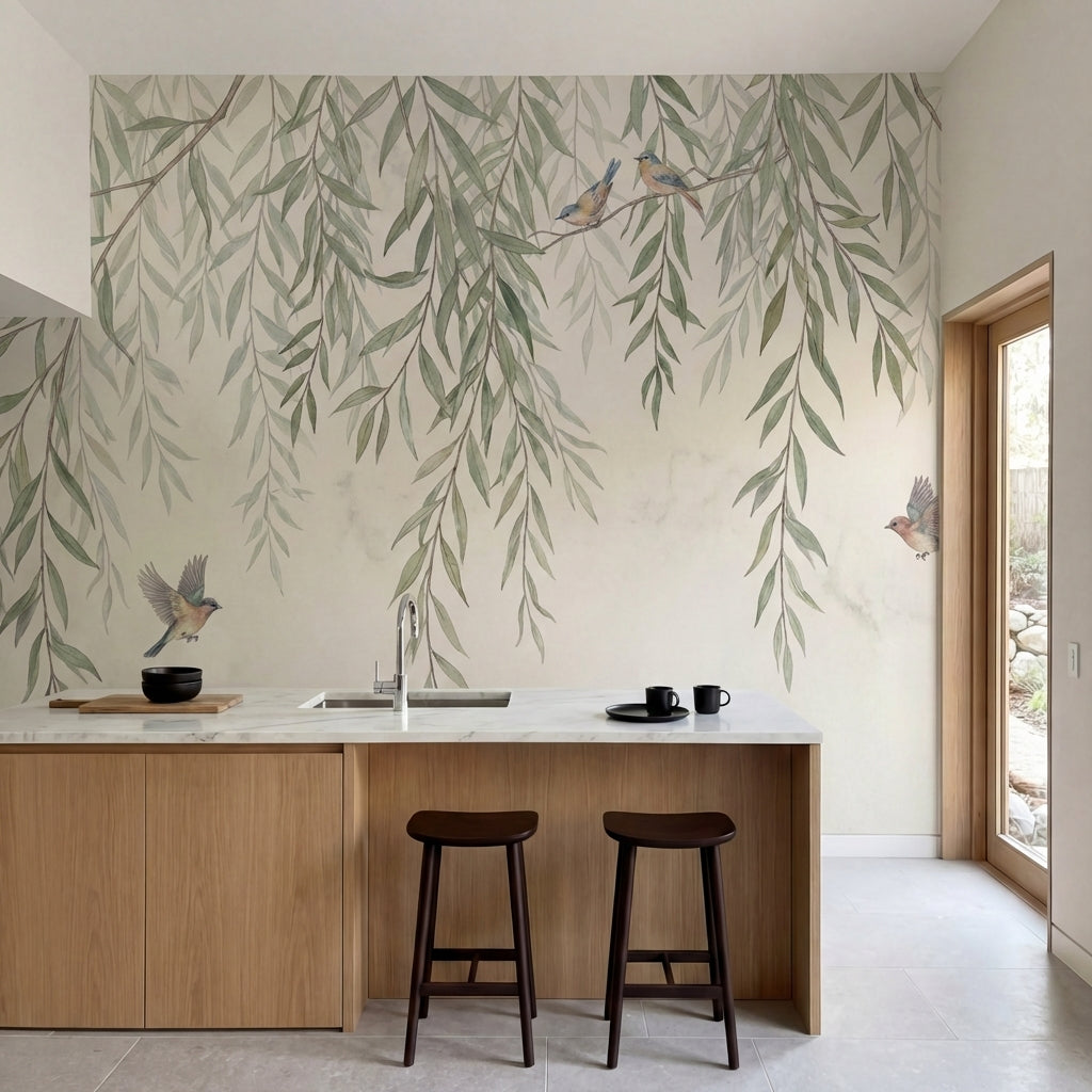 papier peint panoramique nature saules pleureurs branches tombantes oiseaux aqua-4