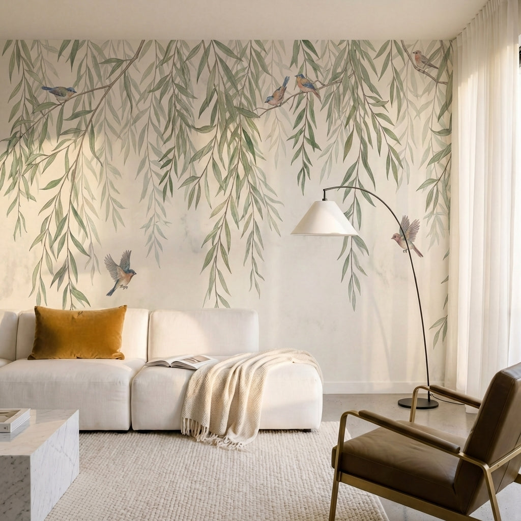 papier peint panoramique nature saules pleureurs branches tombantes oiseaux aqua-6