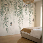 papier peint panoramique nature saules pleureurs branches tombantes oiseaux aqua-HERO-10