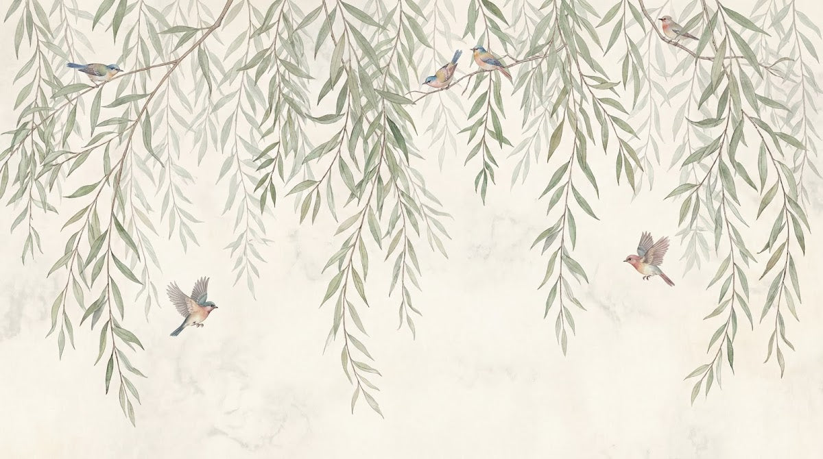 Papier peint panoramique nature - Saules pleureurs branches tombantes oiseaux aquarelle tons vert sauge et beige sur mesure - Design