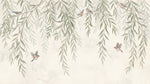 Papier peint panoramique nature - Saules pleureurs branches tombantes oiseaux aquarelle tons vert sauge et beige sur mesure - Design