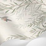 Papier peint panoramique nature - Saules pleureurs branches tombantes oiseaux aquarelle tons vert sauge et beige sur mesure - Matière