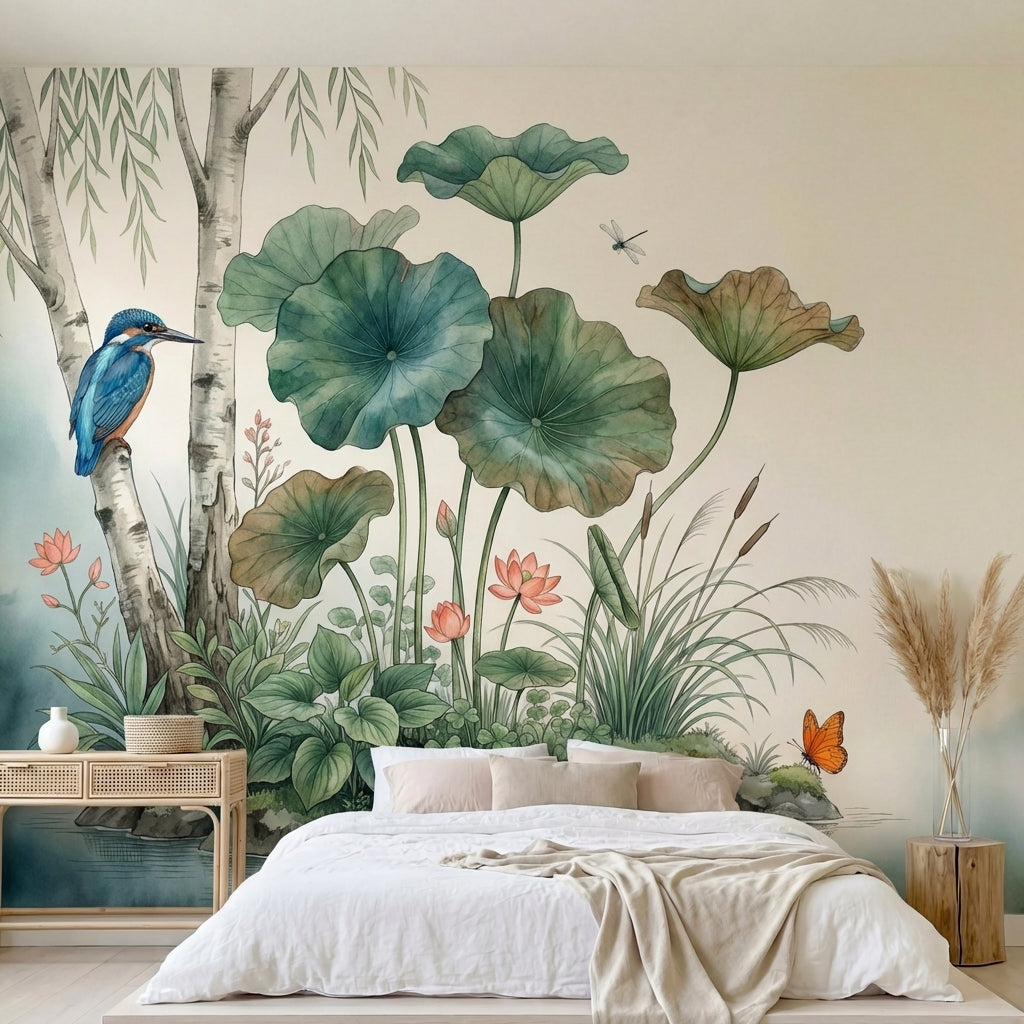 papier peint panoramique nature zen martin pecheur cigogne lotus nenuphars saule-2