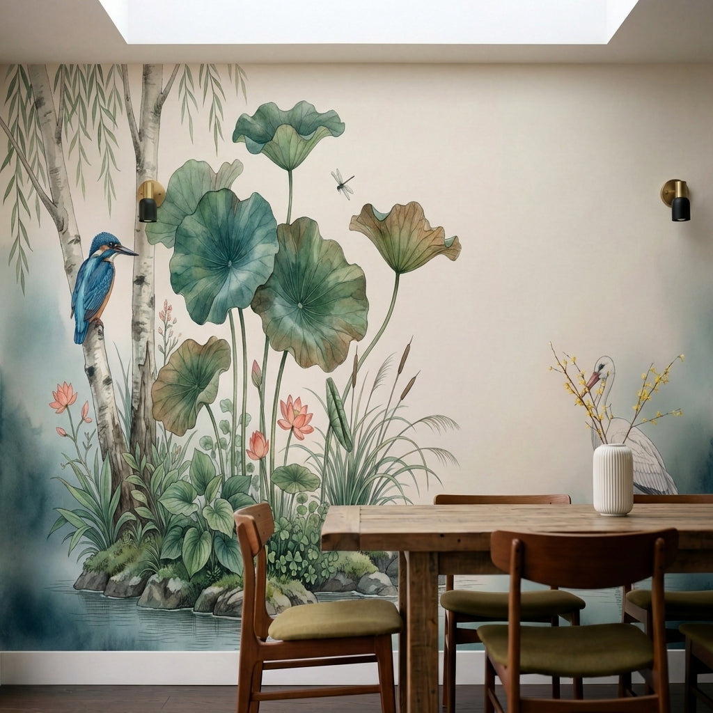 papier peint panoramique nature zen martin pecheur cigogne lotus nenuphars saule-3