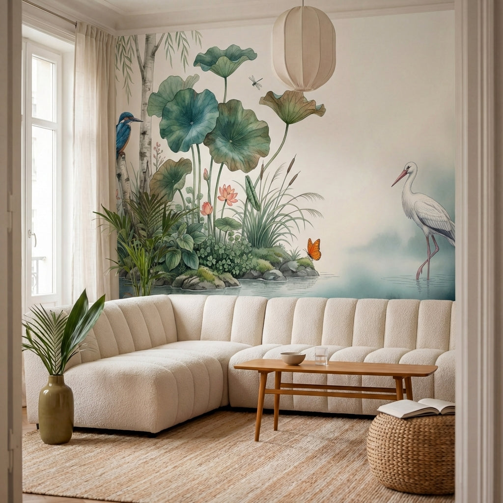 papier peint panoramique nature zen martin pecheur cigogne lotus nenuphars saule-6