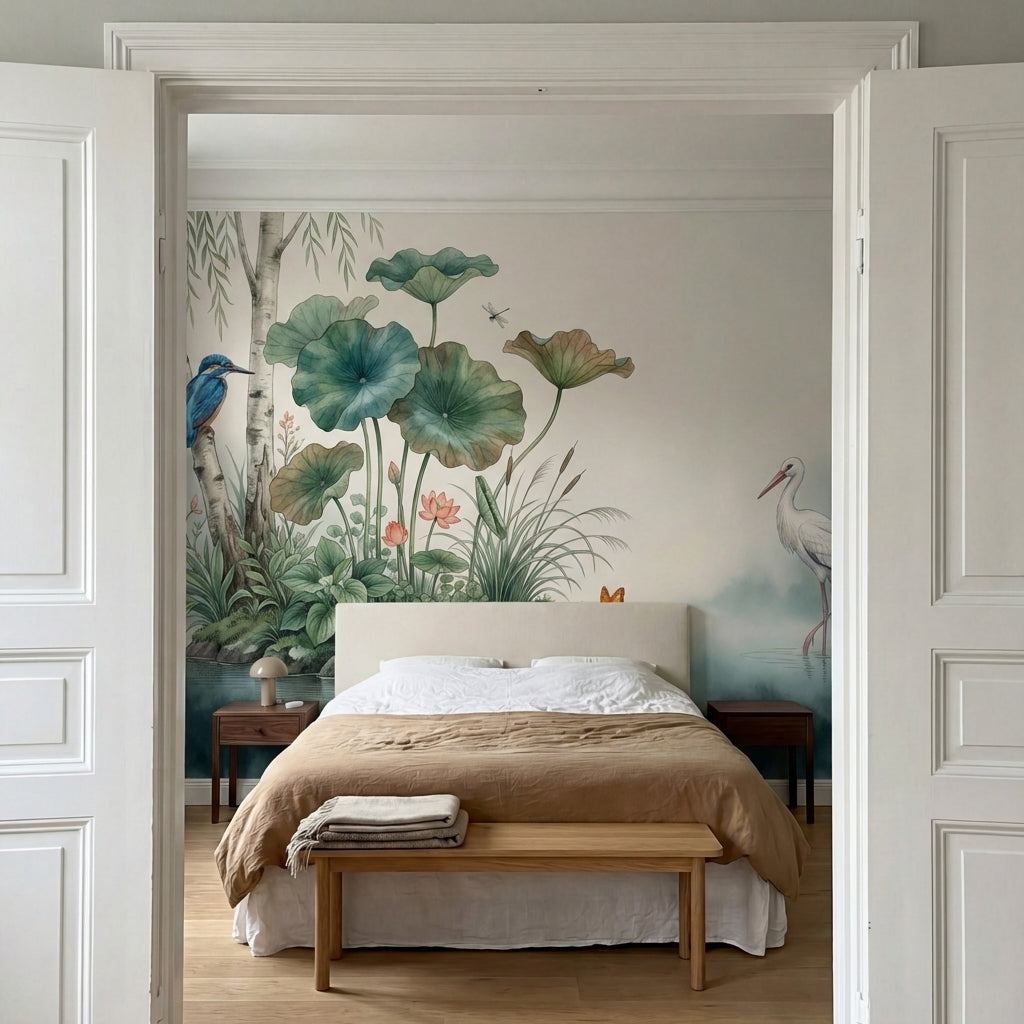 papier peint panoramique nature zen martin pecheur cigogne lotus nenuphars saule-VARIANTE-10