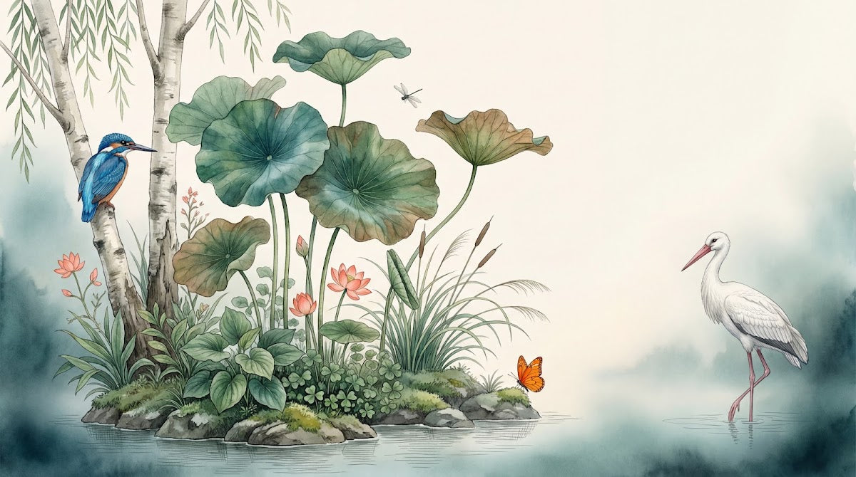 Papier peint panoramique japonais - Martin pêcheur cigogne lotus nénuphars saule pleureur fond beige crème sur mesure - Design