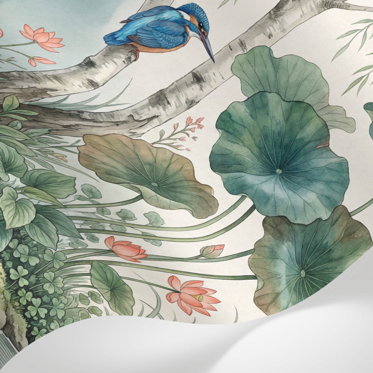 Papier peint panoramique japonais - Martin pêcheur cigogne lotus nénuphars saule pleureur fond beige crème sur mesure - Matière