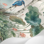 Papier peint panoramique japonais - Martin pêcheur cigogne lotus nénuphars saule pleureur fond beige crème sur mesure - Matière