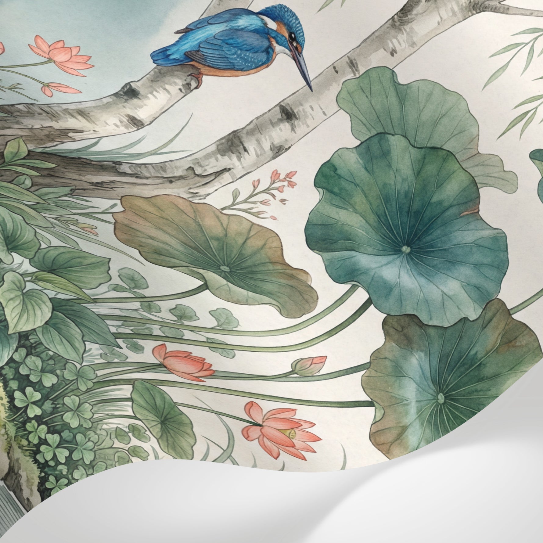 Papier peint panoramique japonais - Martin pêcheur cigogne lotus nénuphars saule pleureur fond beige crème sur mesure - Matière