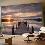 papier peint panoramique nature zen ponton bois lac coucher soleil reflets dores-1