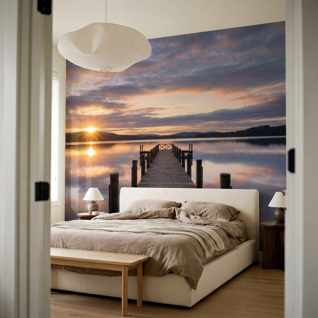 papier peint panoramique nature zen ponton bois lac coucher soleil reflets dores-6