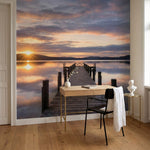 papier peint panoramique nature zen ponton bois lac coucher soleil reflets dores-8