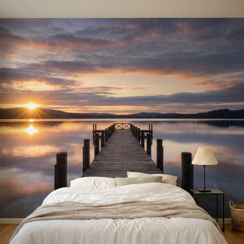 papier peint panoramique nature zen ponton bois lac coucher soleil reflets dores-HERO-6