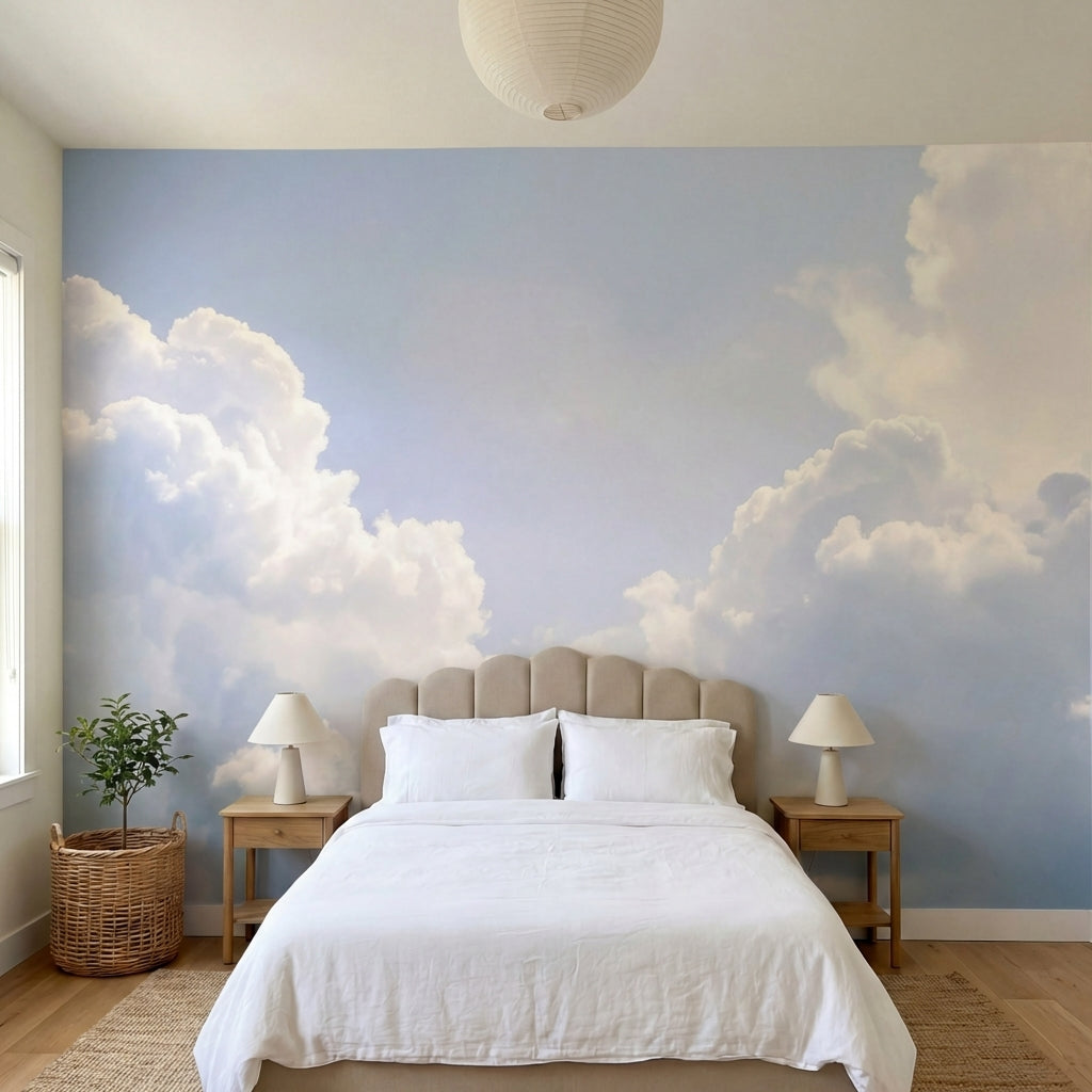 papier peint panoramique nuage ciel vaporeux cumulus volumineux tons bleu pastel-1