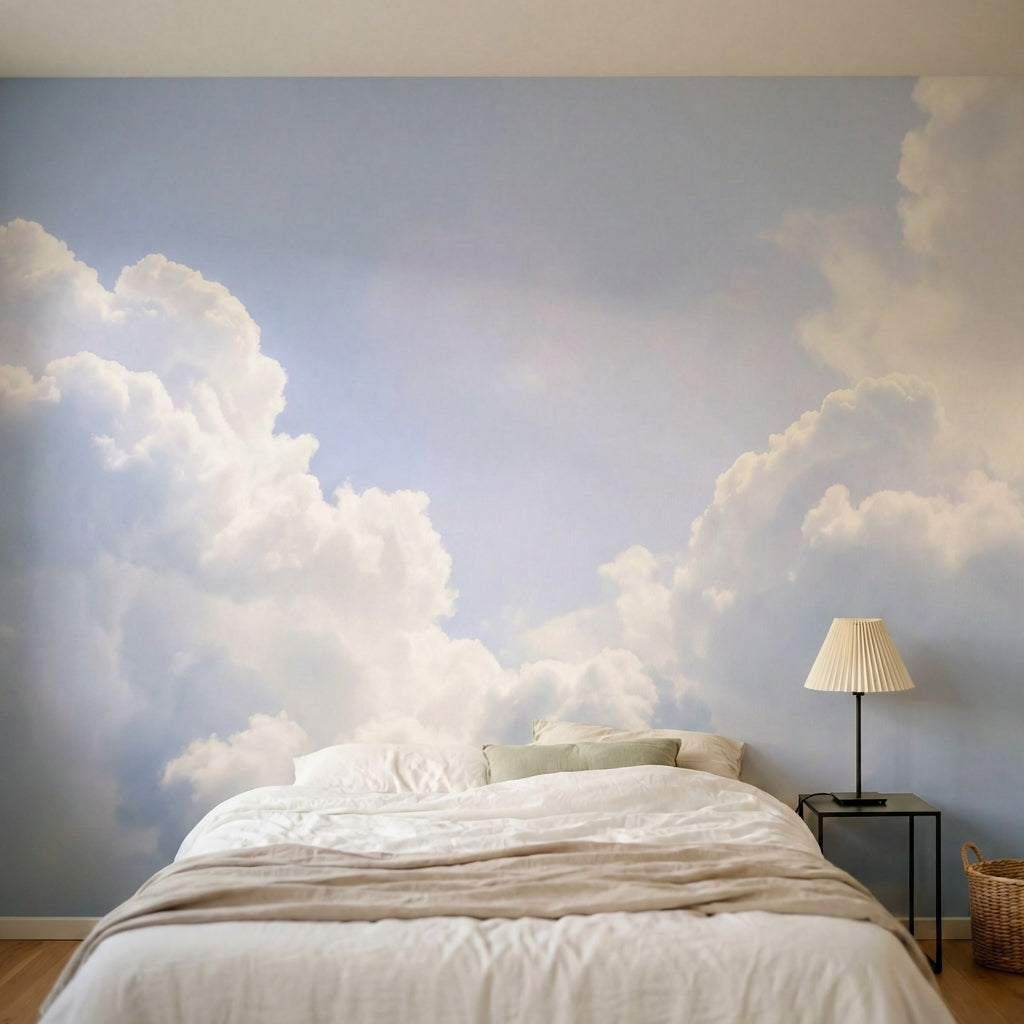 papier peint panoramique nuage ciel vaporeux cumulus volumineux tons bleu pastel-4