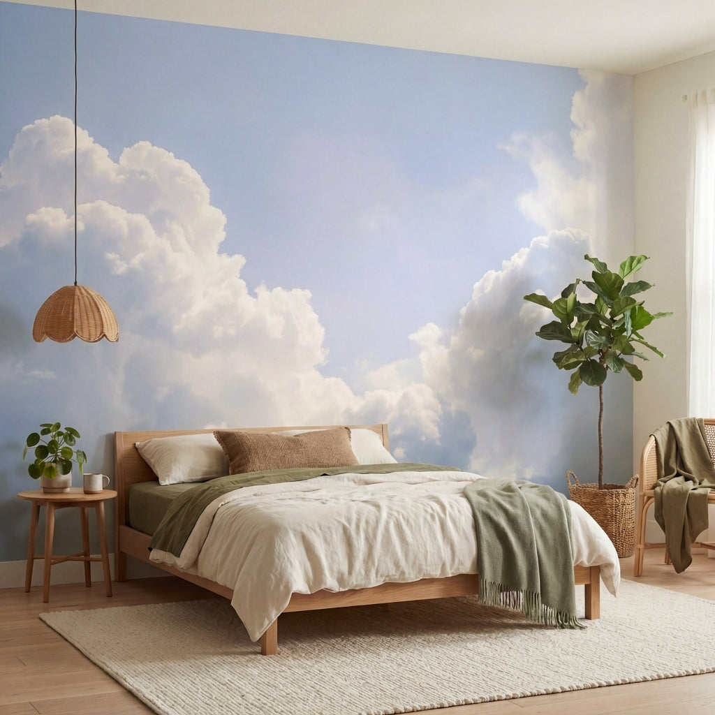 papier peint panoramique nuage ciel vaporeux cumulus volumineux tons bleu pastel-6