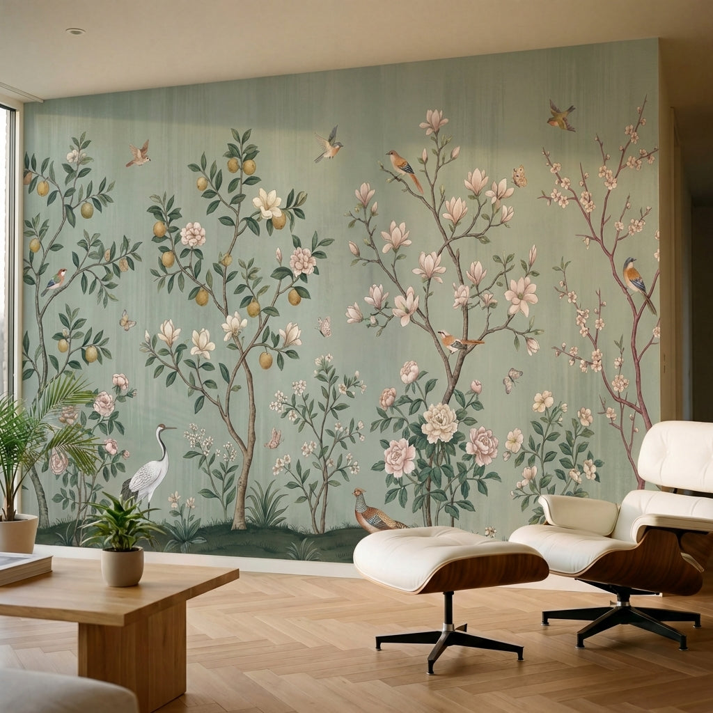 papier peint panoramique oiseaux et fleurs jardin chinois magnolias cerisier gru-1