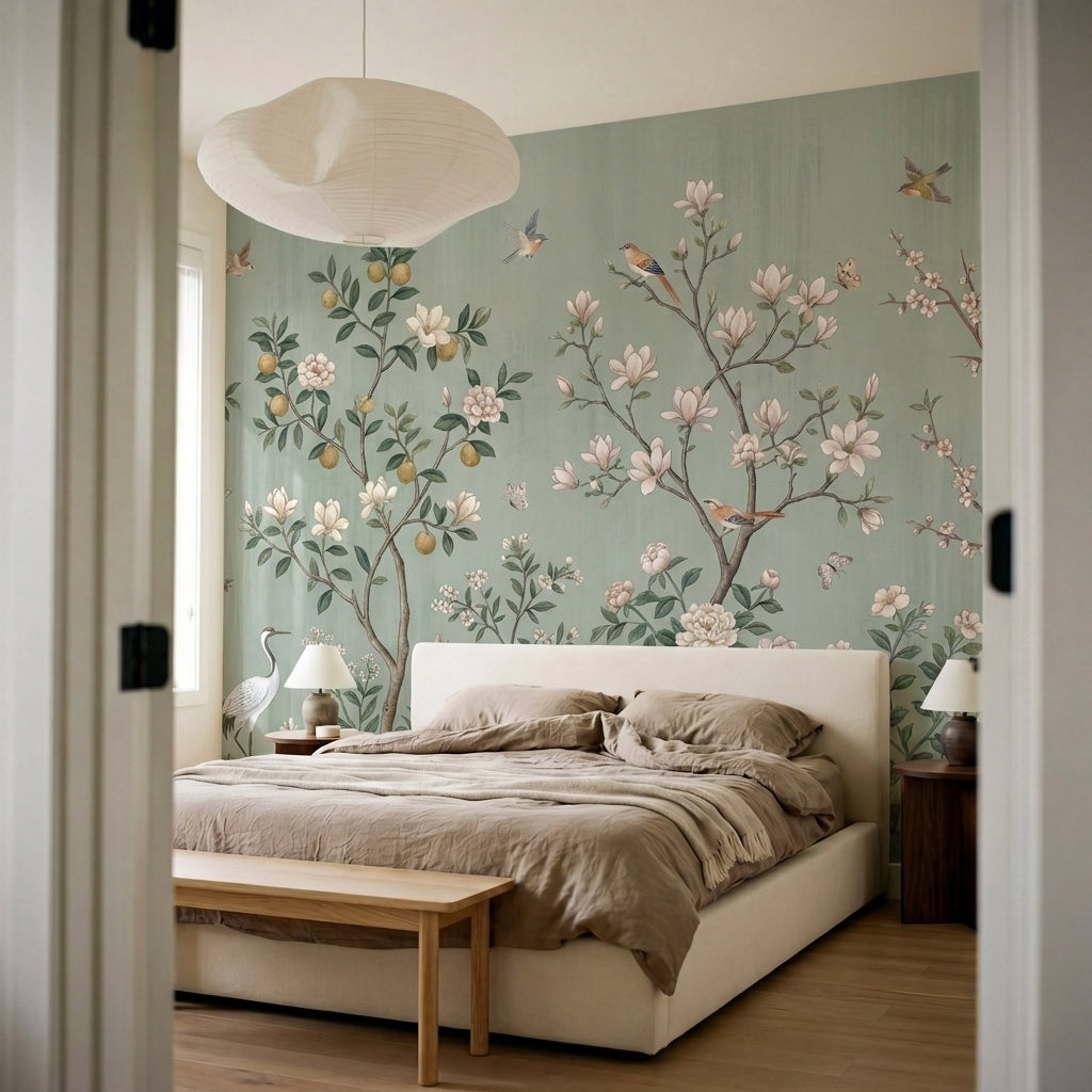 papier peint panoramique oiseaux et fleurs jardin chinois magnolias cerisier gru-9