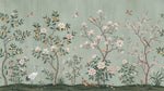 Papier peint panoramique oiseaux et fleurs - Jardin chinois magnolias cerisier grue faisan fond vert sauge sur mesure - Design