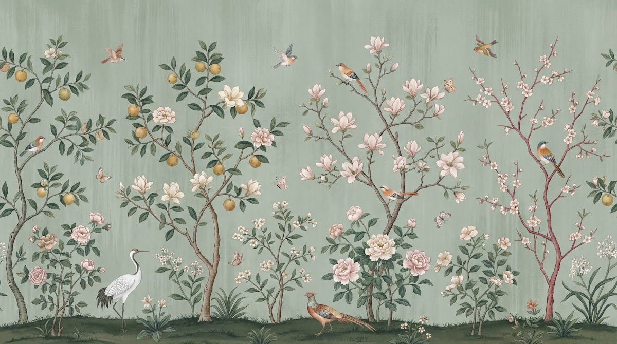 Papier peint panoramique oiseaux et fleurs - Jardin chinois magnolias cerisier grue faisan fond vert sauge sur mesure - Design