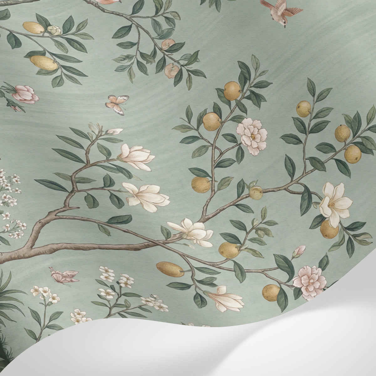 Papier peint panoramique oiseaux et fleurs - Jardin chinois magnolias cerisier grue faisan fond vert sauge sur mesure - Matière