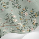 Papier peint panoramique oiseaux et fleurs - Jardin chinois magnolias cerisier grue faisan fond vert sauge sur mesure - Matière