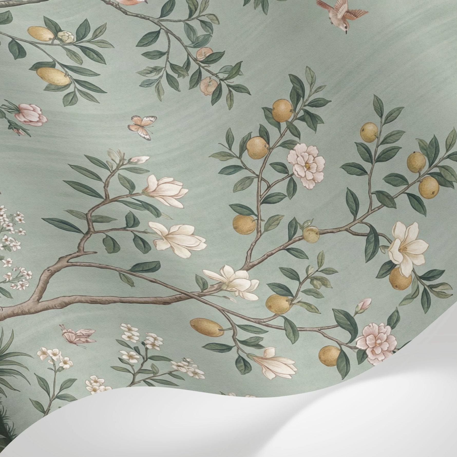 Papier peint panoramique oiseaux et fleurs - Jardin chinois magnolias cerisier grue faisan fond vert sauge sur mesure - Matière