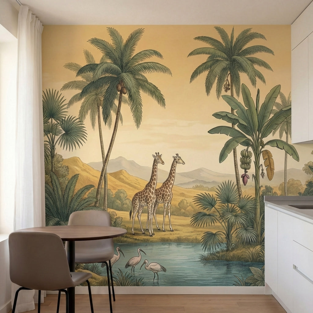 papier peint panoramique oiseaux girafe flamant perroquet cockatoo palmiers fond-1