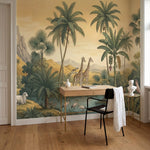 papier peint panoramique oiseaux girafe flamant perroquet cockatoo palmiers fond-8