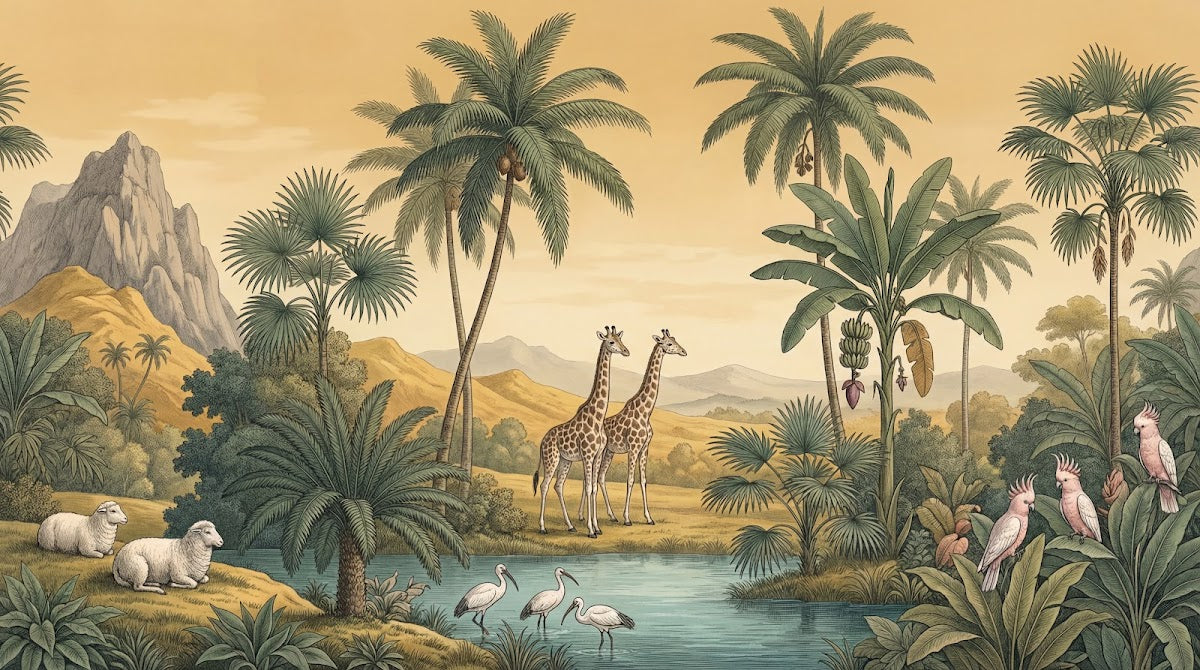 Papier peint panoramique oiseaux - Girafe flamant perroquet cockatoo palmiers fond beige crème et vert sauge sur mesure - Design