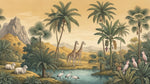 Papier peint panoramique oiseaux - Girafe flamant perroquet cockatoo palmiers fond beige crème et vert sauge sur mesure - Design