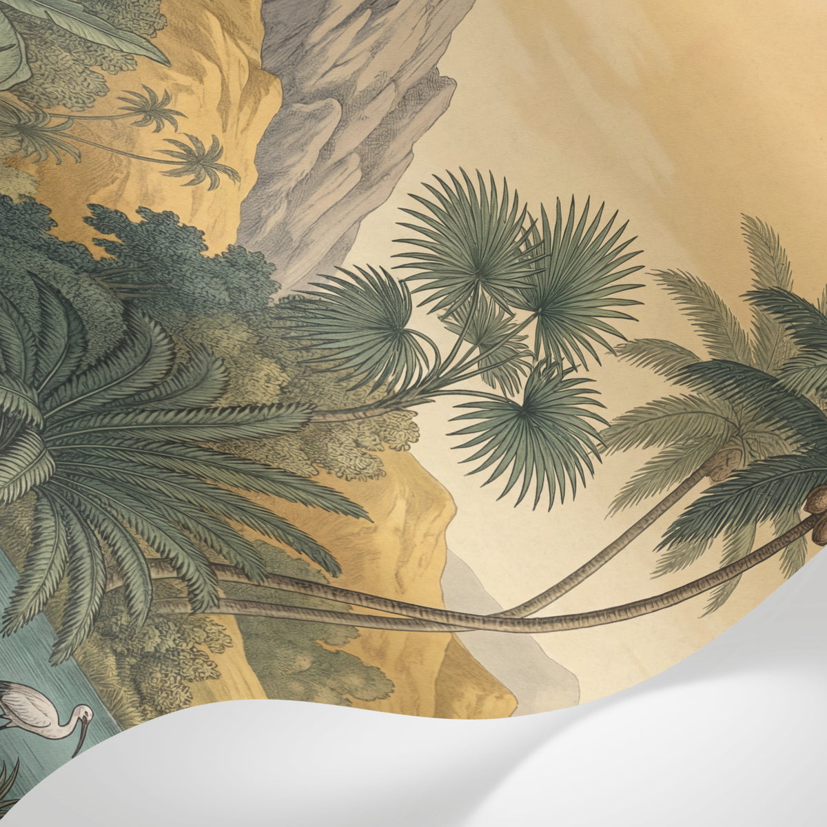Papier peint panoramique oiseaux - Girafe flamant perroquet cockatoo palmiers fond beige crème et vert sauge sur mesure - Matière