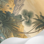 Papier peint panoramique oiseaux - Girafe flamant perroquet cockatoo palmiers fond beige crème et vert sauge sur mesure - Matière