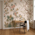 papier peint panoramique oiseaux grues herons branches fleuries feuillage fond b-VARIANTE-10