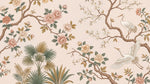 Papier peint panoramique oiseaux - Grues hérons branches fleuries feuillage fond beige rosé et vert sur mesure - Design