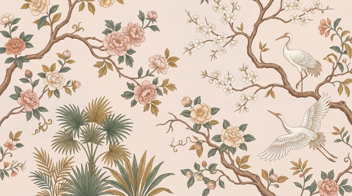 Papier peint panoramique oiseaux - Grues hérons branches fleuries feuillage fond beige rosé et vert sur mesure - Design